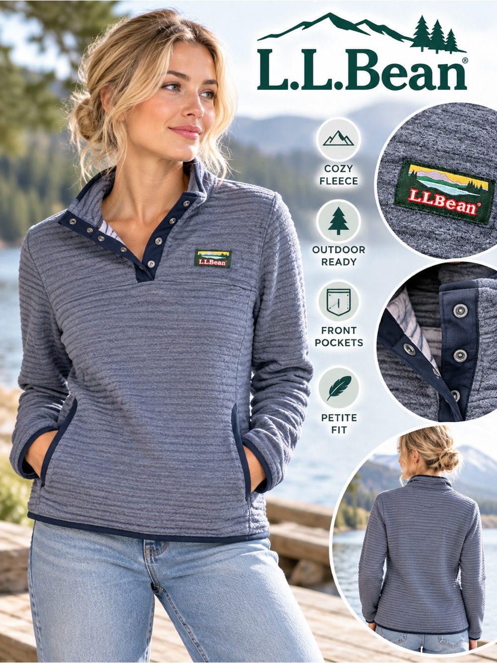 L.L.Bean Women’s Petite Snap Neck Pullover Blue Gray Size M